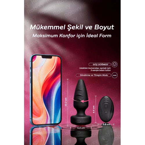 Rabixy Döner Işıklı Anal Plug 360 Derece Dönen Başlık Işıklı Uzaktan Kumandalı