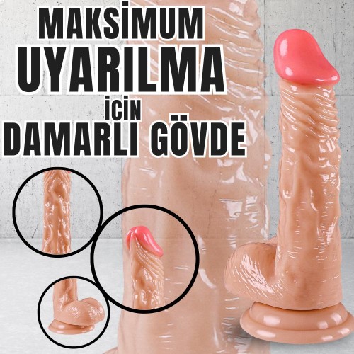 UNIQUE Realistik Dokuda Eğik ve Damarlı Dildo Vantuzlu Gerçekçi Yapay Penis 18 CM